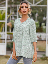 Green Floral V neck Chiffon Pleated Front Lantern Sleeve Blouse Sai Feel
